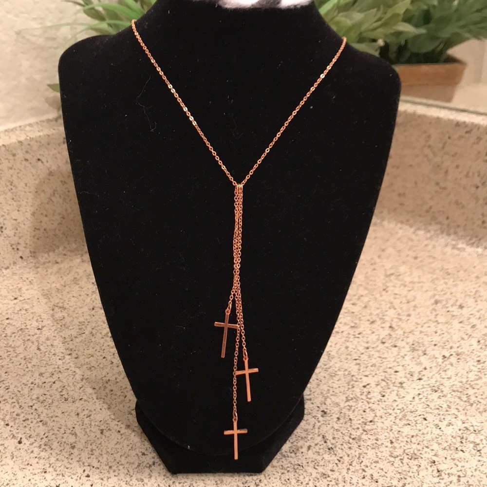 Rose gold three tier cross necklace